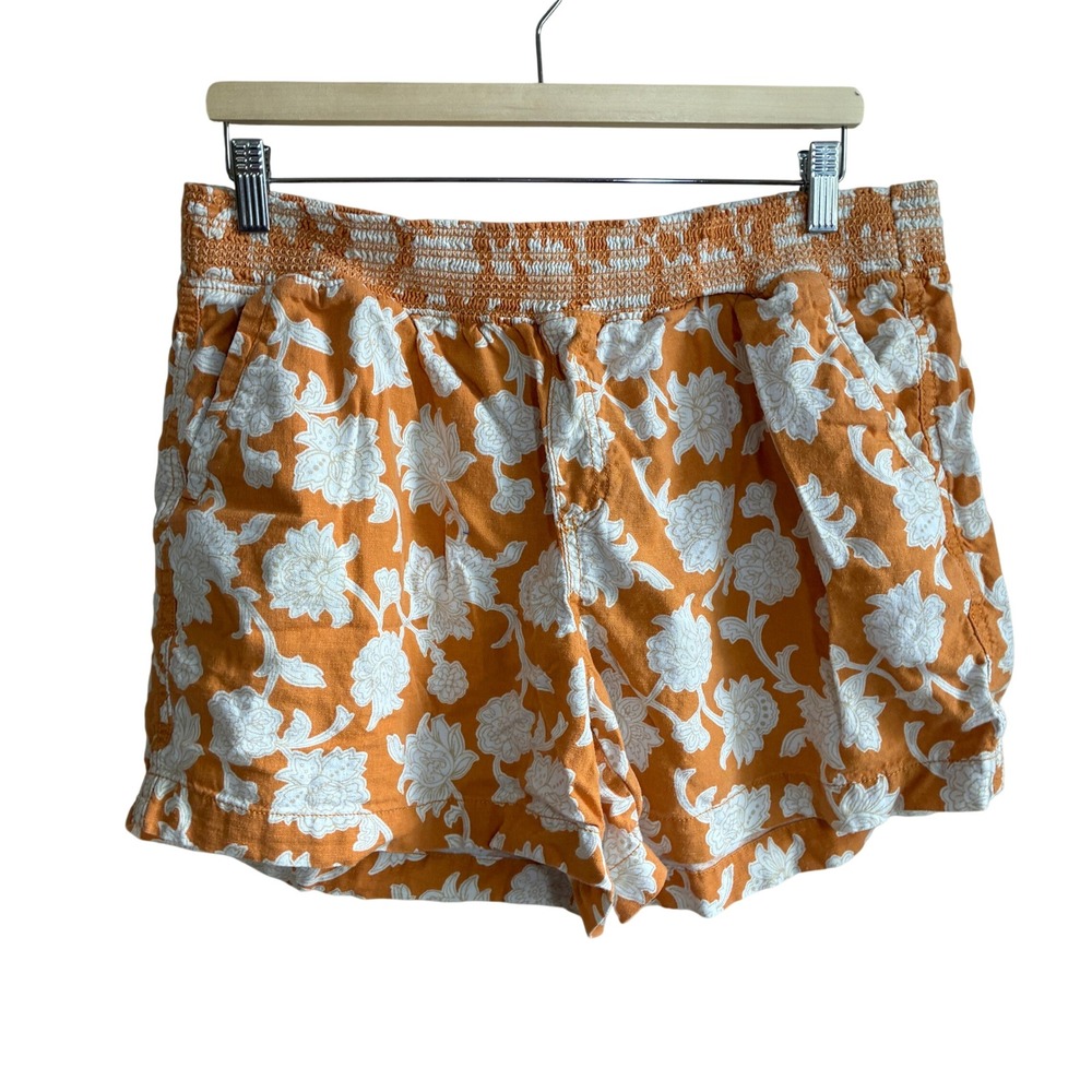 Briggs Mustard Floral Smocked Linen Blend Shorts XL Orange Women Pull On Casual